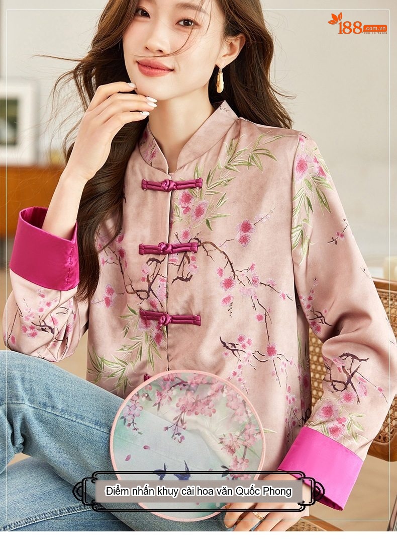 Áo Khoác Cardigan Nữ Thêu Hoa Cổ Điển Khuy Tàu Phong Cách Trung Hoa Nhẹ Nhàng Màu Hồng chi tiết 3
