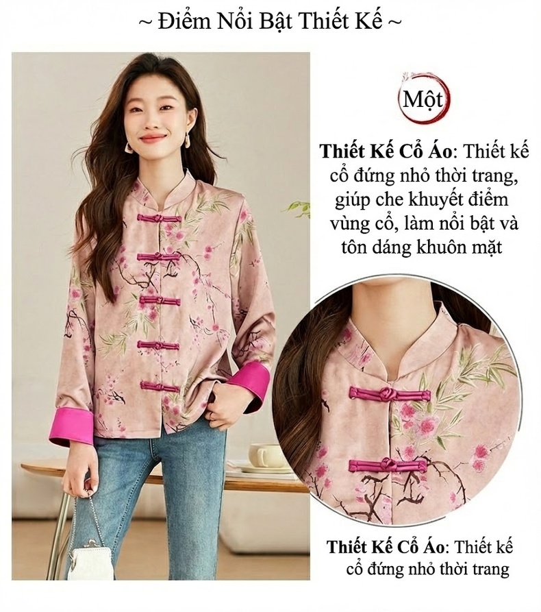 Áo Khoác Cardigan Nữ Thêu Hoa Cổ Điển Khuy Tàu Phong Cách Trung Hoa Nhẹ Nhàng Màu Hồng chi tiết 4