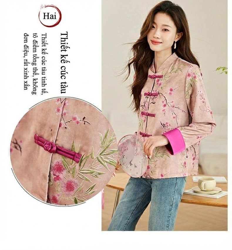Áo Khoác Cardigan Nữ Thêu Hoa Cổ Điển Khuy Tàu Phong Cách Trung Hoa Nhẹ Nhàng Màu Hồng chi tiết 5
