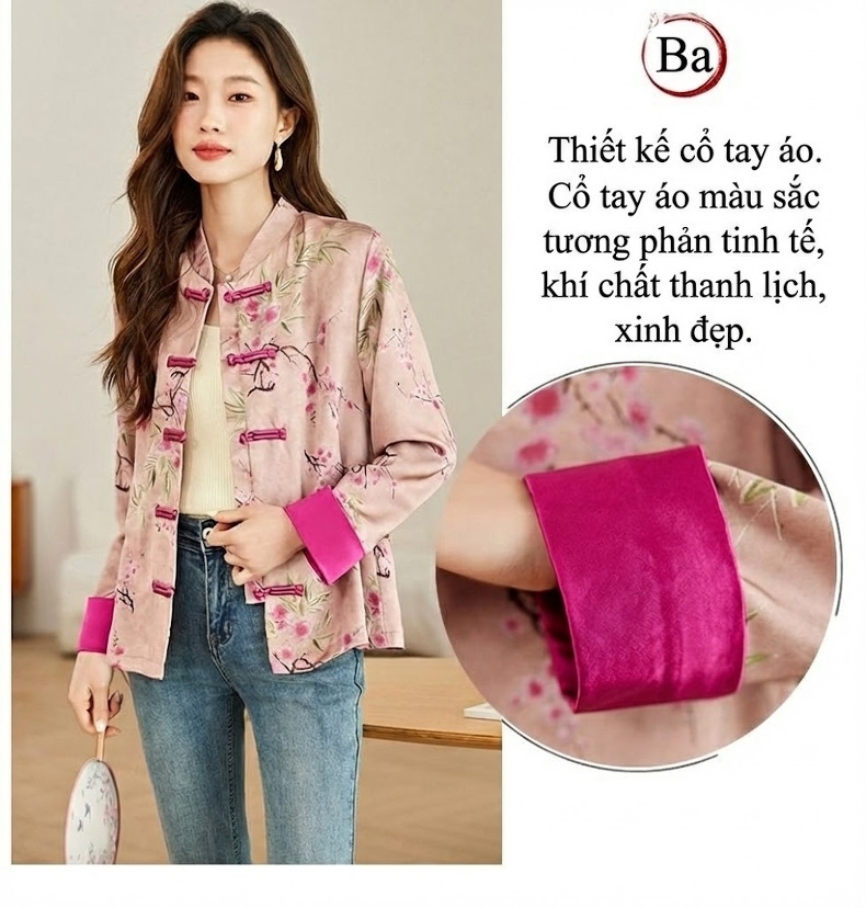 Áo Khoác Cardigan Nữ Thêu Hoa Cổ Điển Khuy Tàu Phong Cách Trung Hoa Nhẹ Nhàng Màu Hồng chi tiết 6