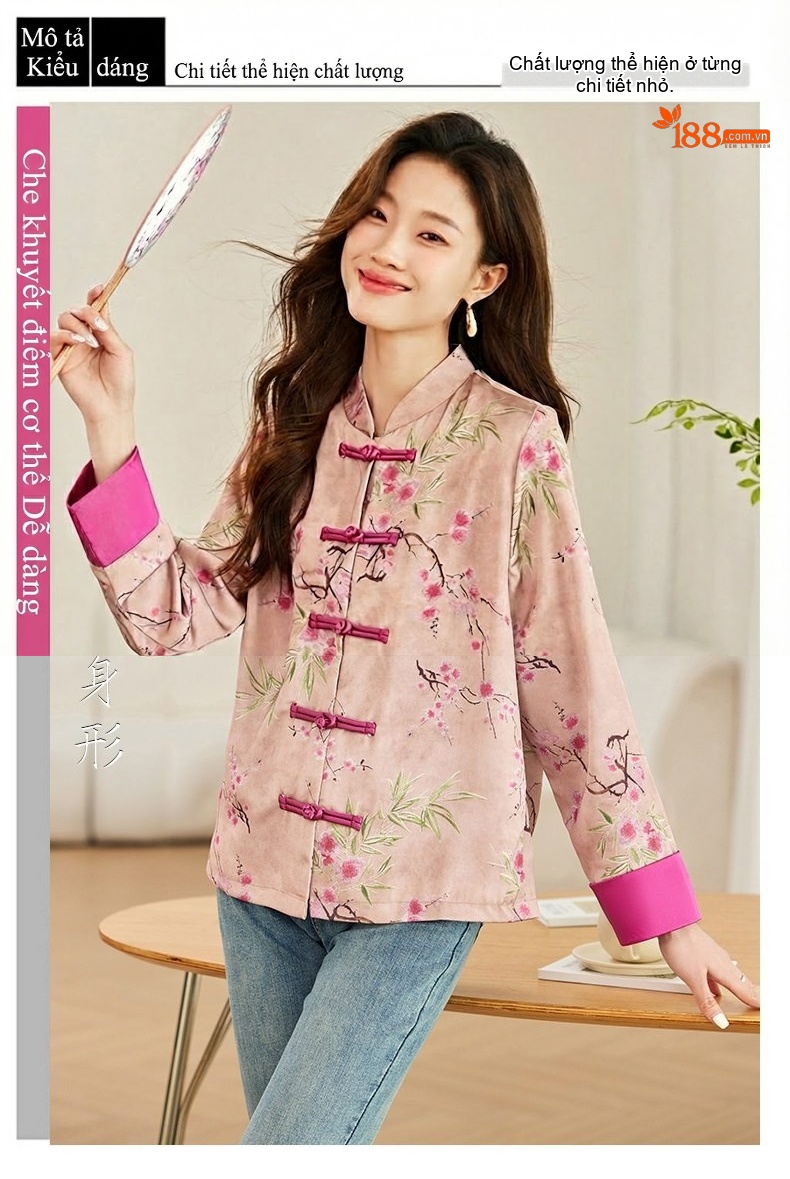 Áo Khoác Cardigan Nữ Thêu Hoa Cổ Điển Khuy Tàu Phong Cách Trung Hoa Nhẹ Nhàng Màu Hồng chi tiết 7
