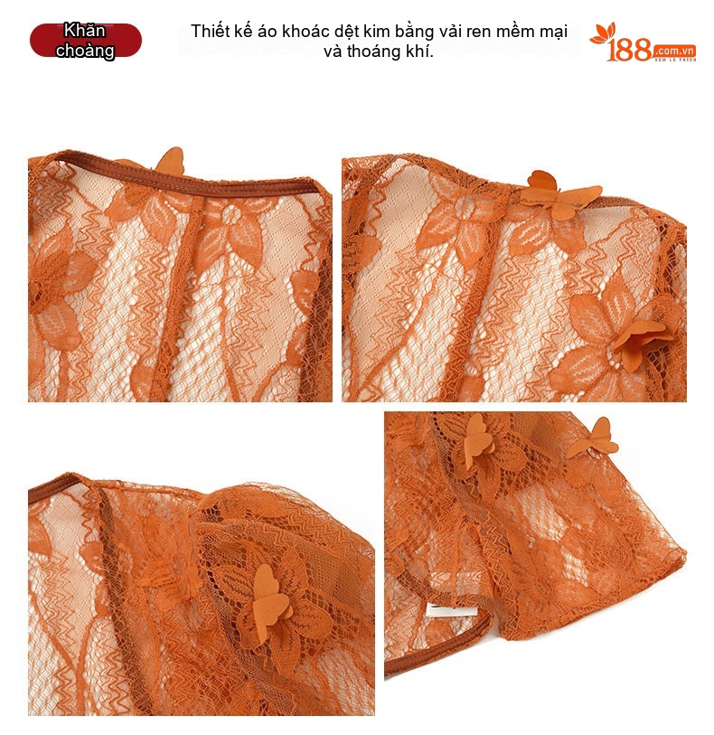 Áo Khoác Cardigan Ren Mỏng Mùa Hè Tay Ngắn Màu Cam chi tiết 3
