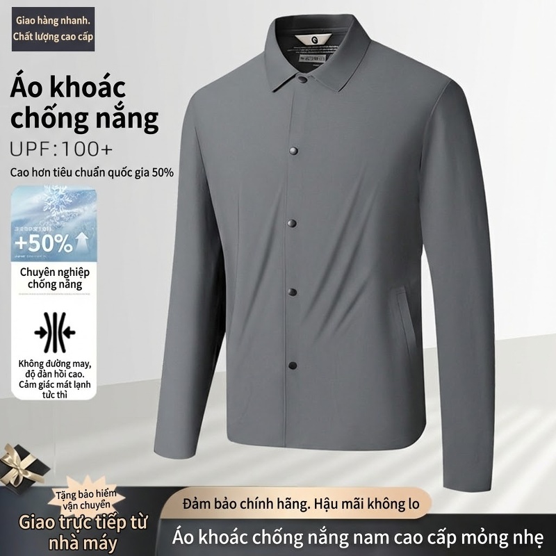 Áo Khoác Chống Nắng Nam Không Đường May Co Giãn Cổ Bẻ Siêu Mỏng Màu Xám