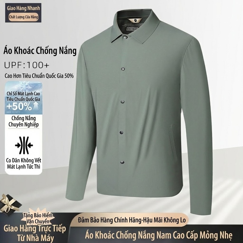 Áo Khoác Chống Nắng Nam Không Đường May Co Giãn Cổ Bẻ Siêu Mỏng Màu Xám