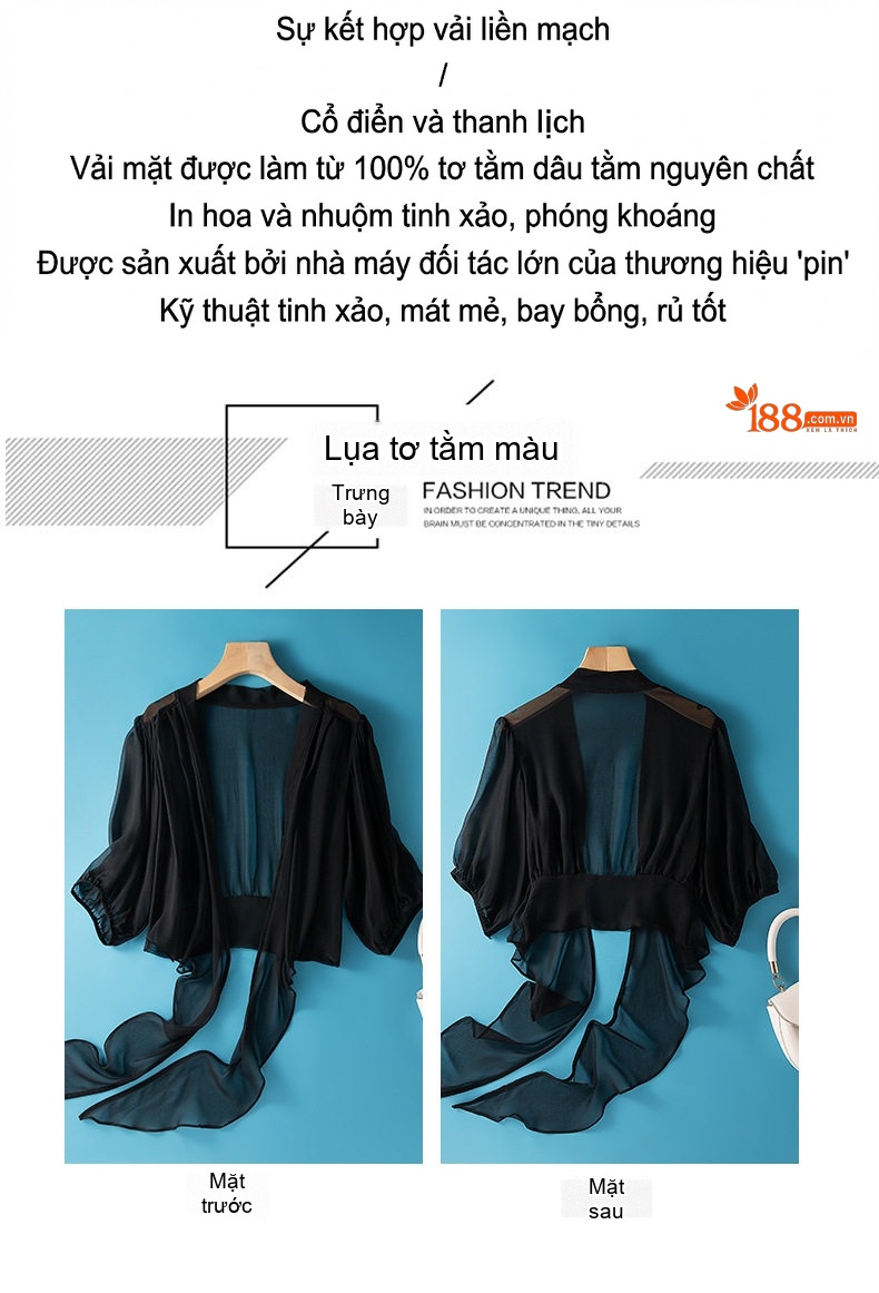 Áo Khoác Chống Nắng Nữ Lụa Tằm Ngắn Tay Lỡ Màu Đen chi tiết 3