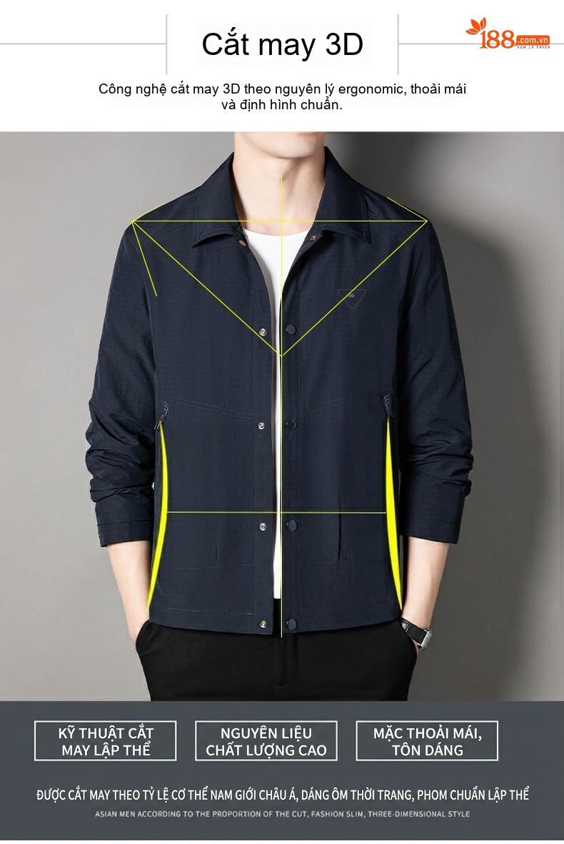 Áo Khoác Công Sở Nam Cổ Bẻ Tay Lỡ Mỏng Nhẹ Màu Be, Xanh Navy chi tiết 3
