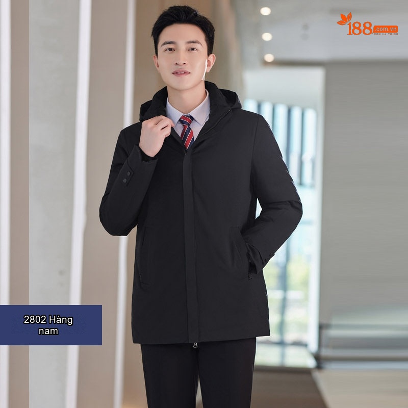Áo Khoác Cotton Dáng Dài Unisex Có Mũ Trùm Đầu Dày Dặn Phong Cách Công Sở Màu Đen