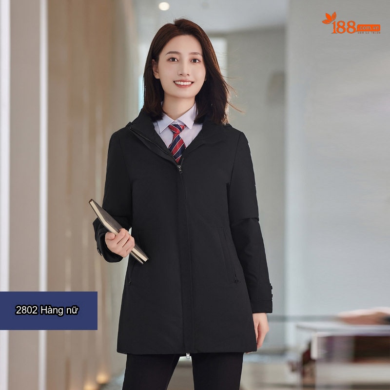 Áo Khoác Cotton Dáng Dài Unisex Có Mũ Trùm Đầu Dày Dặn Phong Cách Công Sở Màu Đen