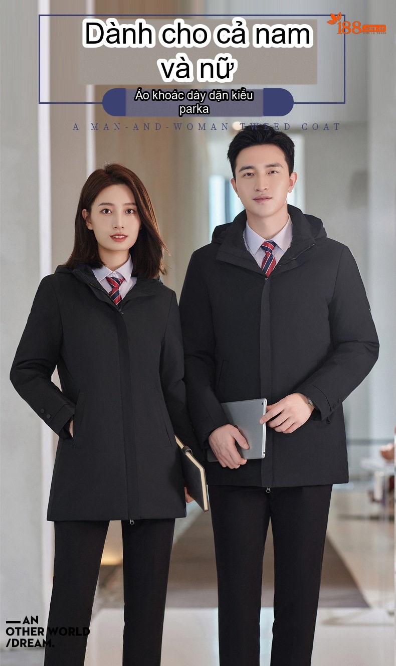 Áo Khoác Cotton Dáng Dài Unisex Có Mũ Trùm Đầu Dày Dặn Phong Cách Công Sở Màu Đen chi tiết 2