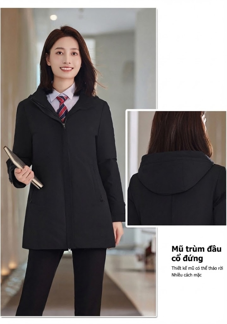 Áo Khoác Cotton Dáng Dài Unisex Có Mũ Trùm Đầu Dày Dặn Phong Cách Công Sở Màu Đen chi tiết 10
