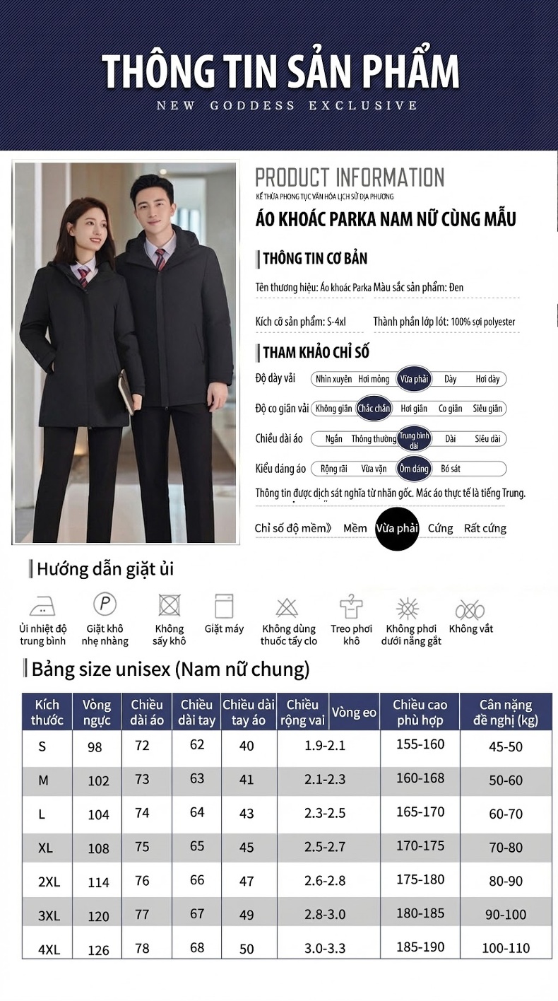 Áo Khoác Cotton Dáng Dài Unisex Có Mũ Trùm Đầu Dày Dặn Phong Cách Công Sở Màu Đen chi tiết 5