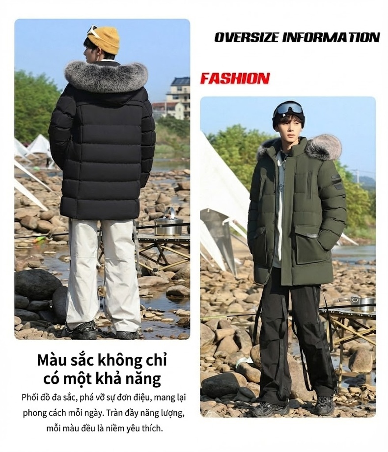 Áo Khoác Cotton Nam Dáng Dài Cỡ Lớn Có Mũ Lông Rời Dày Dặn Màu Đen, Xanh Rêu, Xanh Navy chi tiết 3