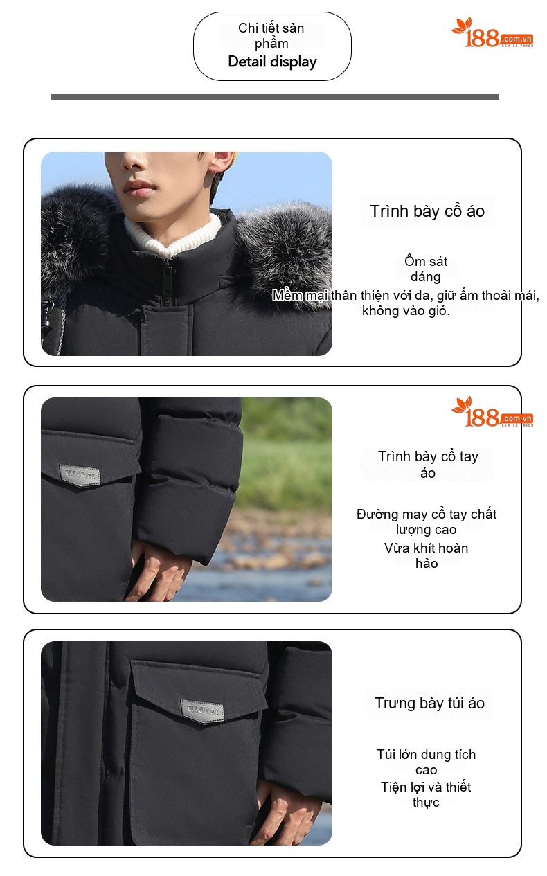 Áo Khoác Cotton Nam Dáng Dài Cỡ Lớn Có Mũ Lông Rời Dày Dặn Màu Đen, Xanh Rêu, Xanh Navy chi tiết 5