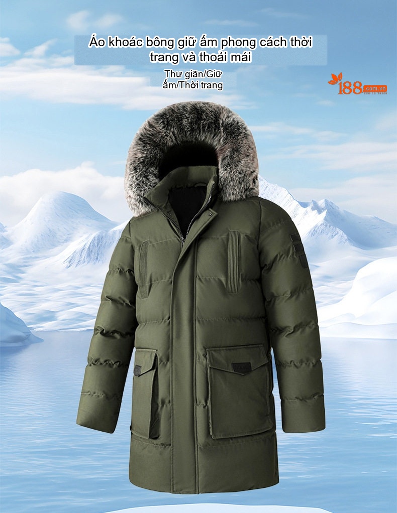 Áo Khoác Cotton Nam Dáng Dài Cỡ Lớn Có Mũ Trùm Đầu Lông To Dày Dặn Màu Đen, Xanh Navy, Xanh Rêu chi tiết 1