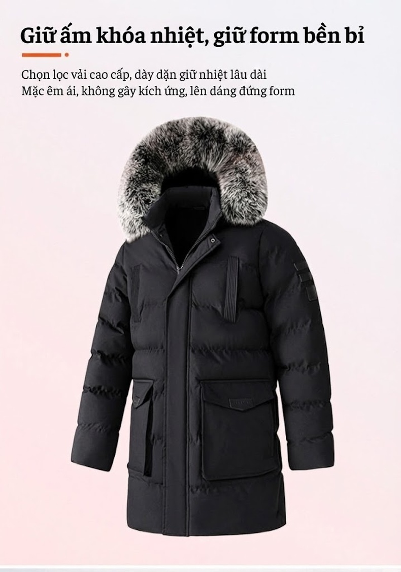 Áo Khoác Cotton Nam Dáng Dài Cỡ Lớn Có Mũ Trùm Đầu Lông To Dày Dặn Màu Đen, Xanh Navy, Xanh Rêu chi tiết 3