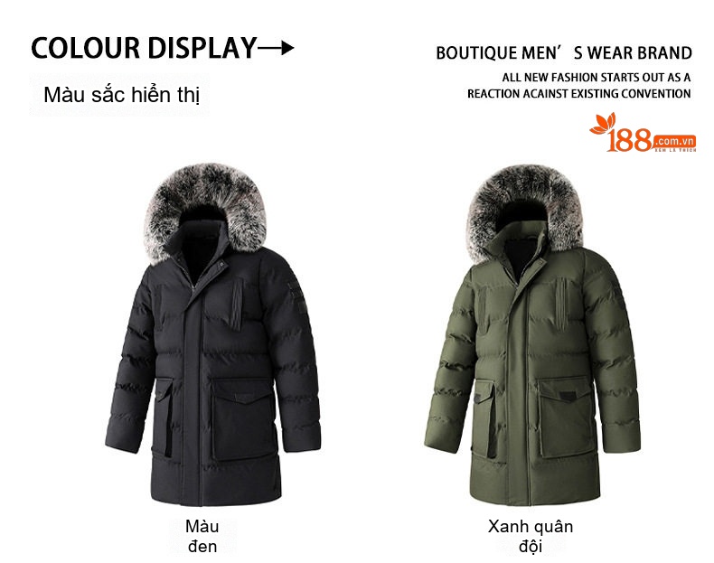 Áo Khoác Cotton Nam Dáng Dài Cỡ Lớn Có Mũ Trùm Đầu Lông To Dày Dặn Màu Đen, Xanh Navy, Xanh Rêu chi tiết 7