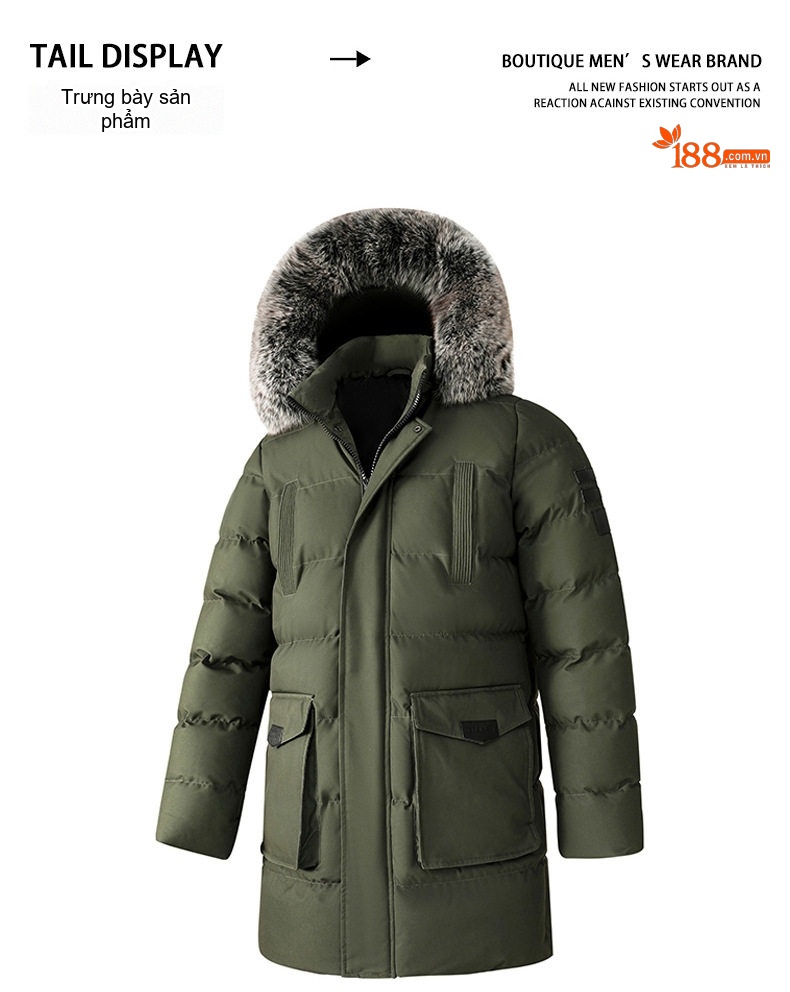 Áo Khoác Cotton Nam Dáng Dài Cỡ Lớn Có Mũ Trùm Đầu Lông To Dày Dặn Màu Đen, Xanh Navy, Xanh Rêu chi tiết 11