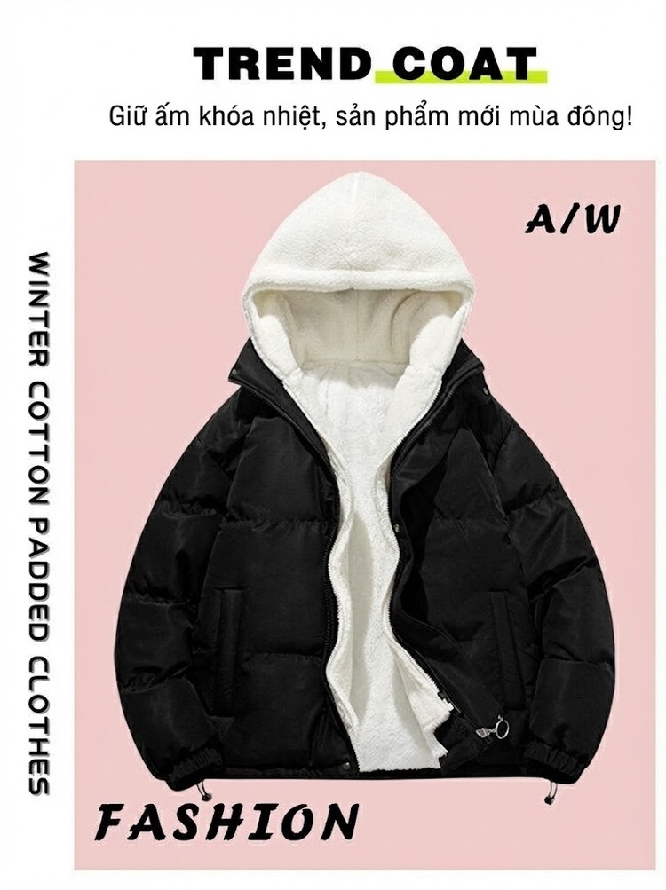 Áo Khoác Cotton Nam Hai Lớp Mũ Trùm Đầu Lông Cừu Non Dáng Rộng Màu Hồng, Xanh, Trắng, Đen chi tiết 1