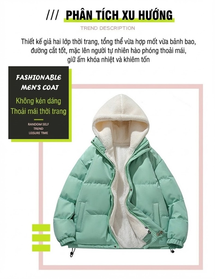 Áo Khoác Cotton Nam Hai Lớp Mũ Trùm Đầu Lông Cừu Non Dáng Rộng Màu Hồng, Xanh, Trắng, Đen chi tiết 2
