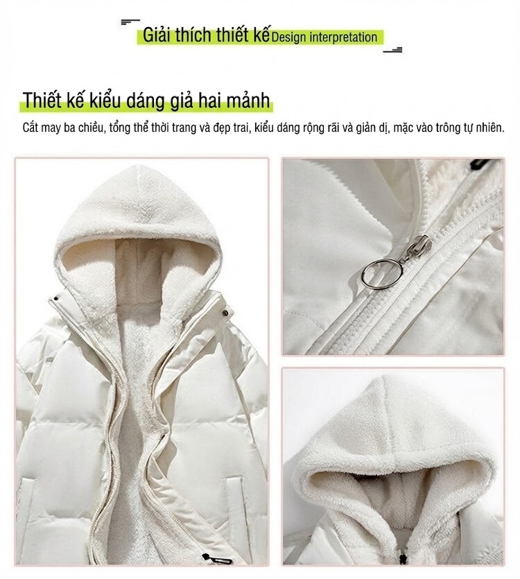 Áo Khoác Cotton Nam Hai Lớp Mũ Trùm Đầu Lông Cừu Non Dáng Rộng Màu Hồng, Xanh, Trắng, Đen chi tiết 3