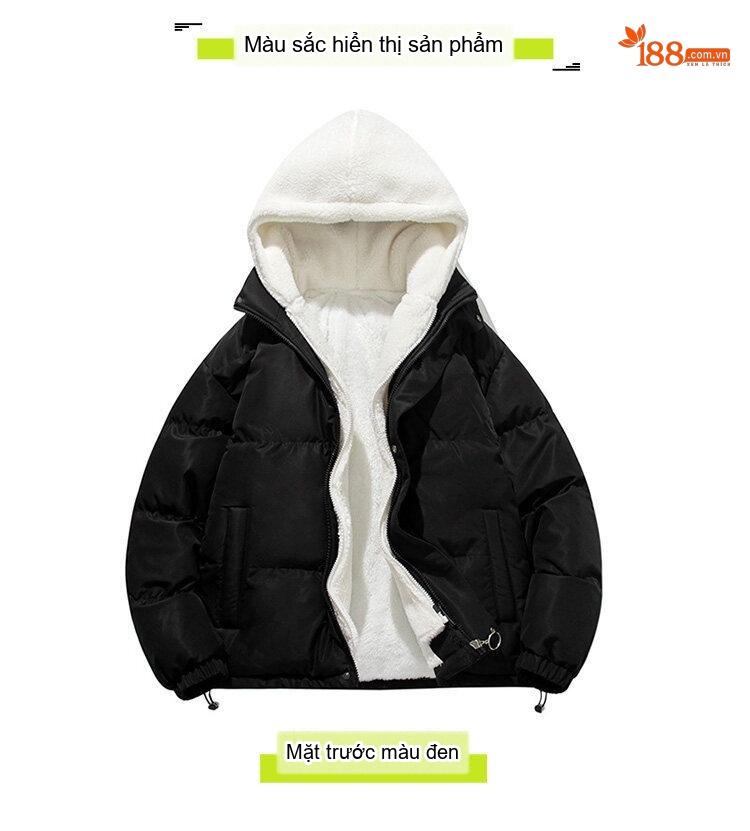 Áo Khoác Cotton Nam Hai Lớp Mũ Trùm Đầu Lông Cừu Non Dáng Rộng Màu Hồng, Xanh, Trắng, Đen chi tiết 7