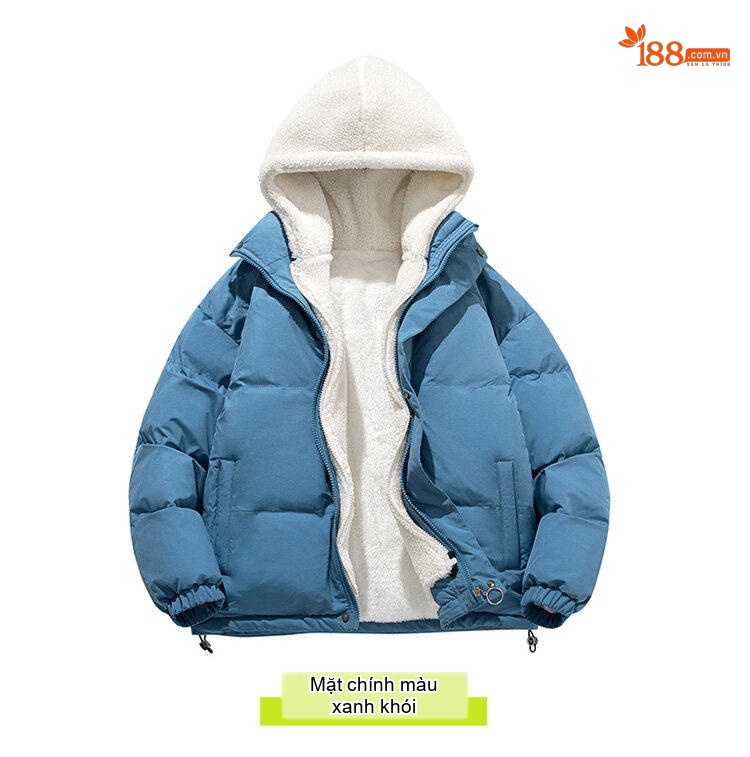 Áo Khoác Cotton Nam Hai Lớp Mũ Trùm Đầu Lông Cừu Non Dáng Rộng Màu Hồng, Xanh, Trắng, Đen chi tiết 9