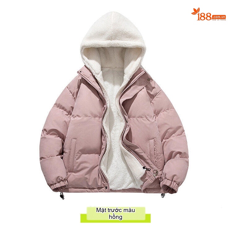 Áo Khoác Cotton Nam Hai Lớp Mũ Trùm Đầu Lông Cừu Non Dáng Rộng Màu Hồng, Xanh, Trắng, Đen chi tiết 13