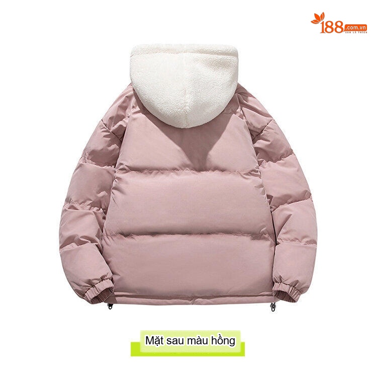 Áo Khoác Cotton Nam Hai Lớp Mũ Trùm Đầu Lông Cừu Non Dáng Rộng Màu Hồng, Xanh, Trắng, Đen chi tiết 14
