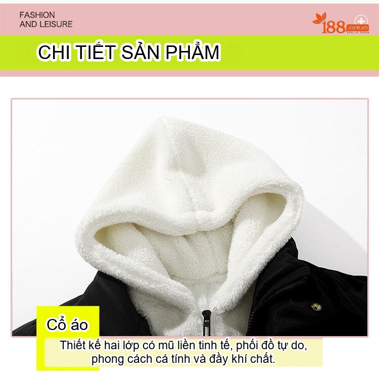 Áo Khoác Cotton Nam Hai Lớp Mũ Trùm Đầu Lông Cừu Non Dáng Rộng Màu Hồng, Xanh, Trắng, Đen chi tiết 17