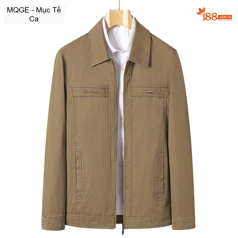 Áo Khoác Cotton Nam Mỏng Dáng Ôm Cổ Bẻ Khóa Kéo Màu Be, Xanh Rêu