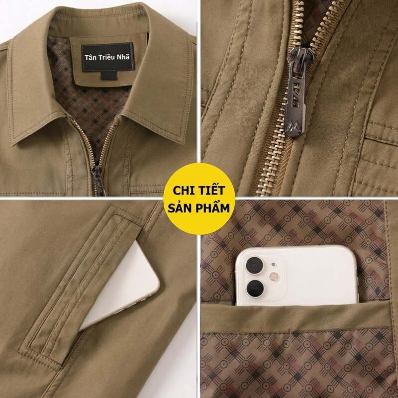 Áo Khoác Cotton Nam Mỏng Dáng Ôm Cổ Bẻ Khóa Kéo Màu Be, Xanh Rêu