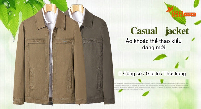 Áo Khoác Cotton Nam Mỏng Dáng Ôm Cổ Bẻ Khóa Kéo Màu Be, Xanh Rêu chi tiết 2