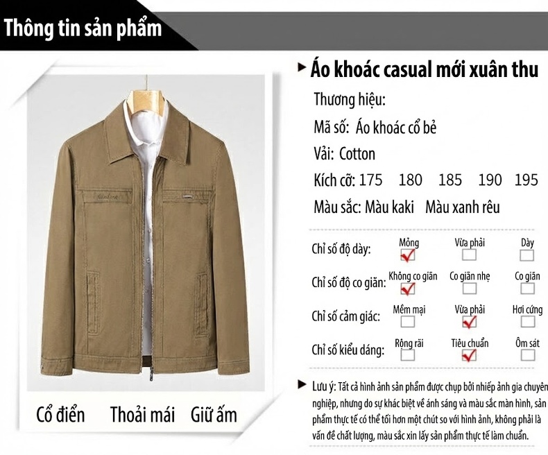 Áo Khoác Cotton Nam Mỏng Dáng Ôm Cổ Bẻ Khóa Kéo Màu Be, Xanh Rêu chi tiết 4