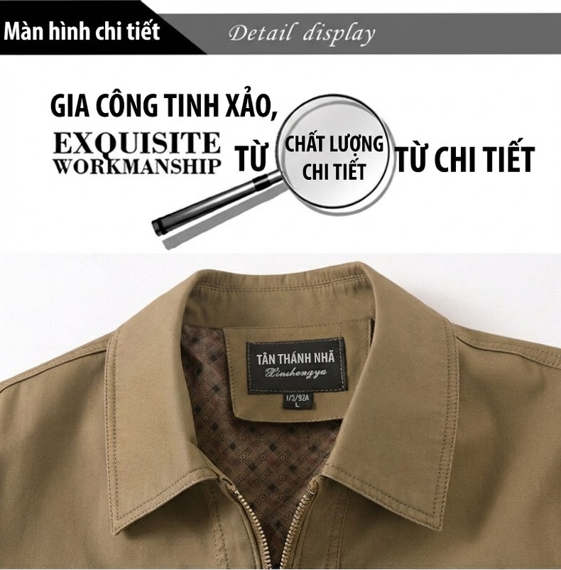 Áo Khoác Cotton Nam Mỏng Dáng Ôm Cổ Bẻ Khóa Kéo Màu Be, Xanh Rêu chi tiết 10