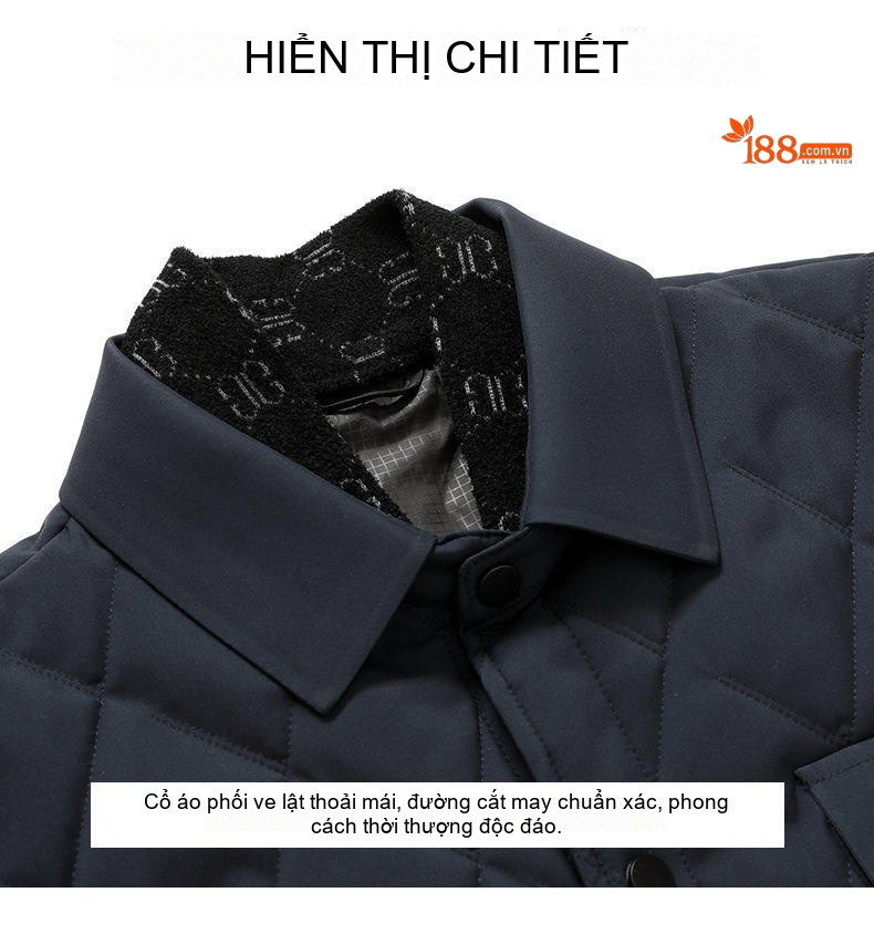 Áo Khoác Cotton Nam Trung Niên Cổ Lông Tơ Tằm Tháo Rời Màu Đen, Xanh Navy, Be chi tiết 16