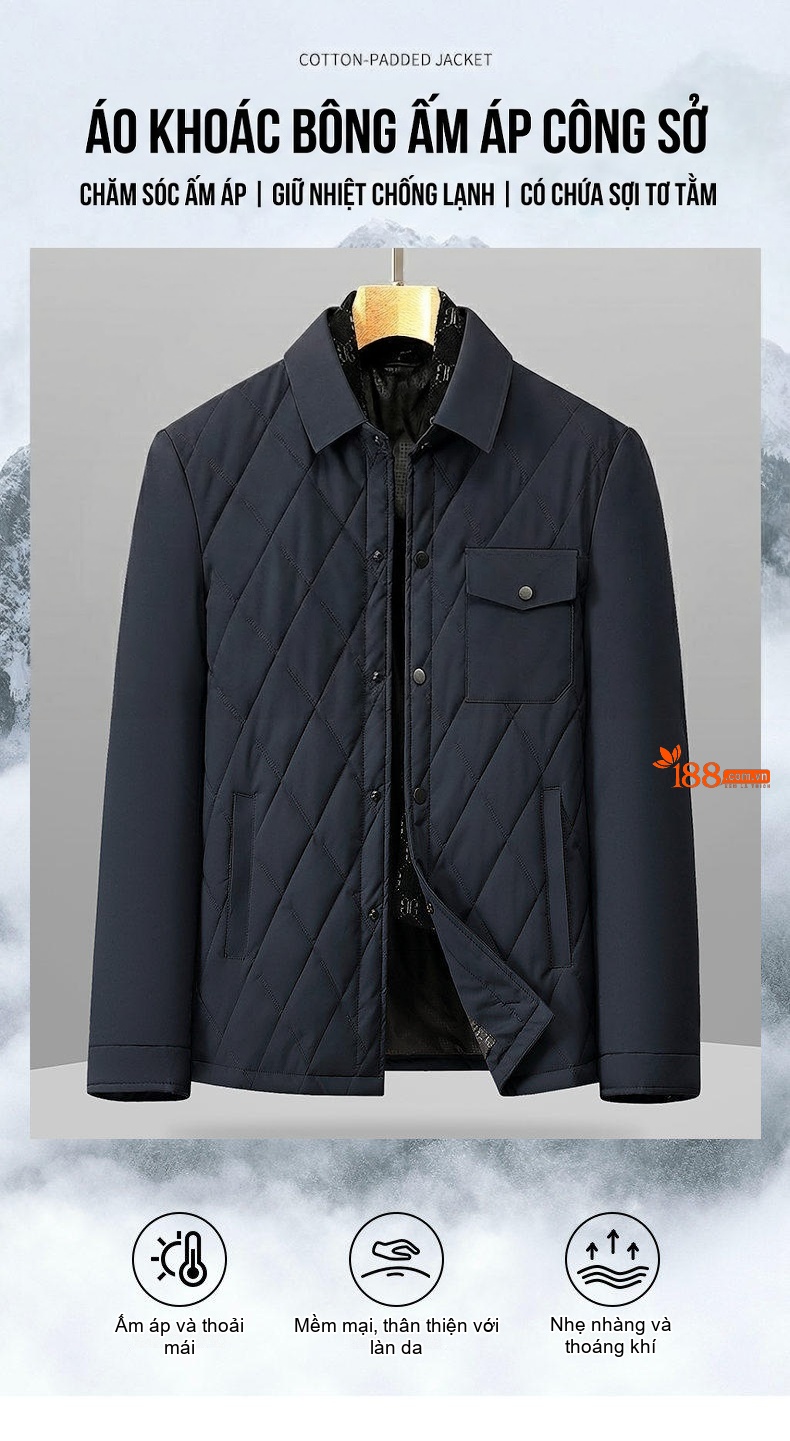 Áo Khoác Cotton Nam Trung Niên Cổ Lông Tơ Tằm Tháo Rời Màu Đen, Xanh Navy, Be chi tiết 1