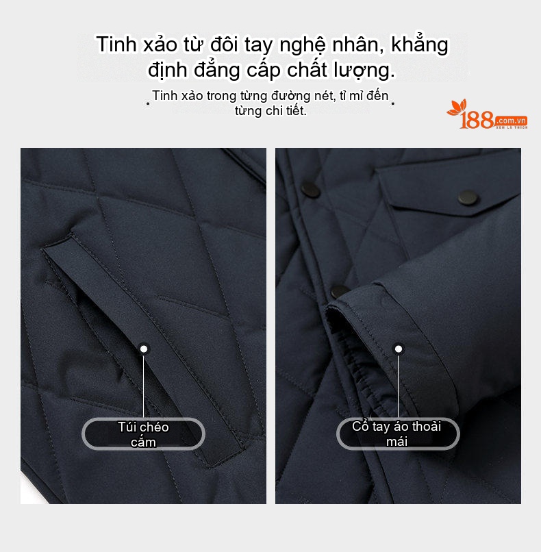 Áo Khoác Cotton Nam Trung Niên Cổ Lông Tơ Tằm Tháo Rời Màu Đen, Xanh Navy, Be chi tiết 6