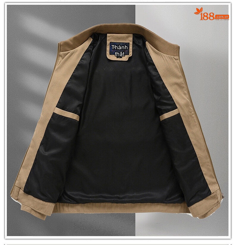 Áo Khoác Cotton Nam Trung Niên Cổ Trụ Khóa Kéo Ngắn Tay Màu Nâu chi tiết 10