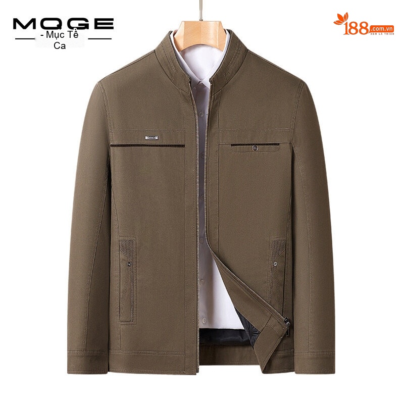 Áo Khoác Cotton Nam Trung Niên Cổ Trụ Khóa Kéo Ngắn Tay Màu Nâu