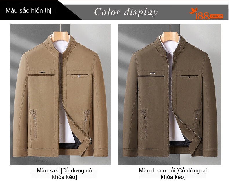Áo Khoác Cotton Nam Trung Niên Cổ Trụ Khóa Kéo Ngắn Tay Màu Nâu chi tiết 3