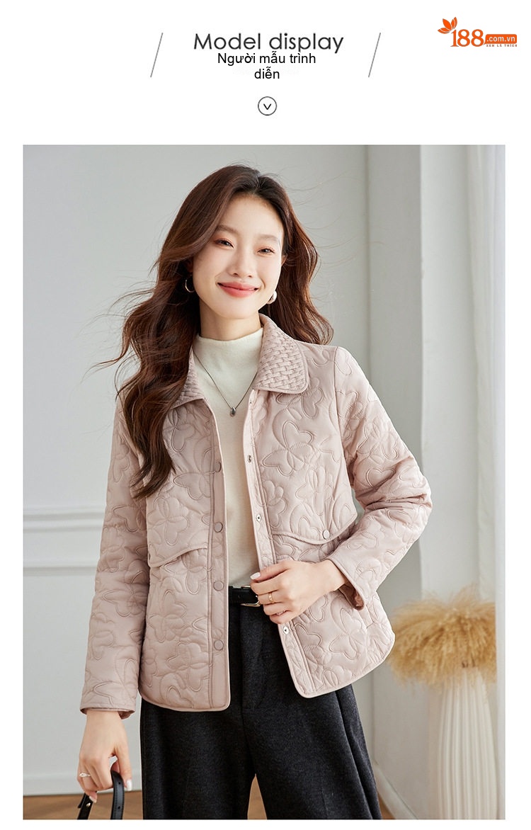Áo Khoác Cotton Nữ Chần Bông Cổ Bẻ Dáng Ngắn Màu Be, Đen, Hồng chi tiết 15