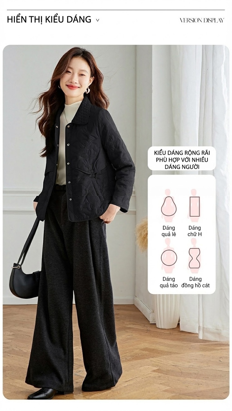 Áo Khoác Cotton Nữ Chần Bông Cổ Bẻ Dáng Ngắn Màu Be, Đen, Hồng chi tiết 10