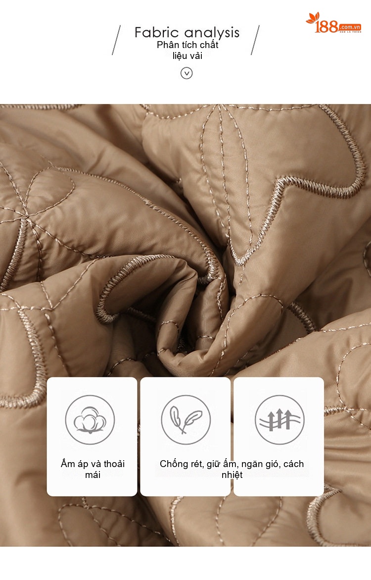 Áo Khoác Cotton Nữ Chần Bông Cổ Bẻ Dáng Ngắn Màu Be, Đen, Hồng chi tiết 12