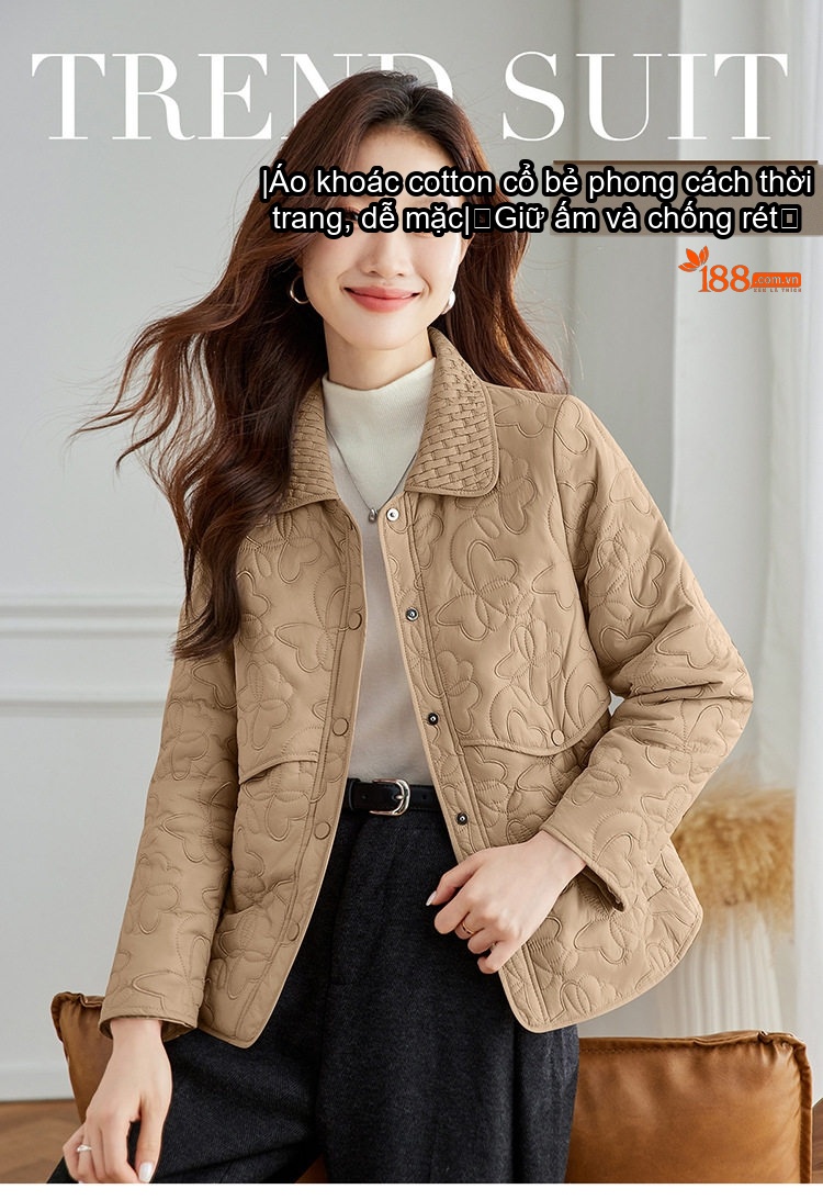 Áo Khoác Cotton Nữ Chần Bông Cổ Bẻ Dáng Ngắn Màu Be, Đen, Hồng chi tiết 1