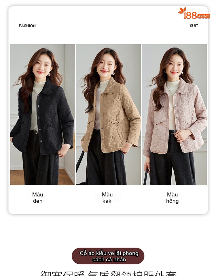 Áo Khoác Cotton Nữ Chần Bông Cổ Bẻ Dáng Ngắn Màu Be, Đen, Hồng chi tiết 5