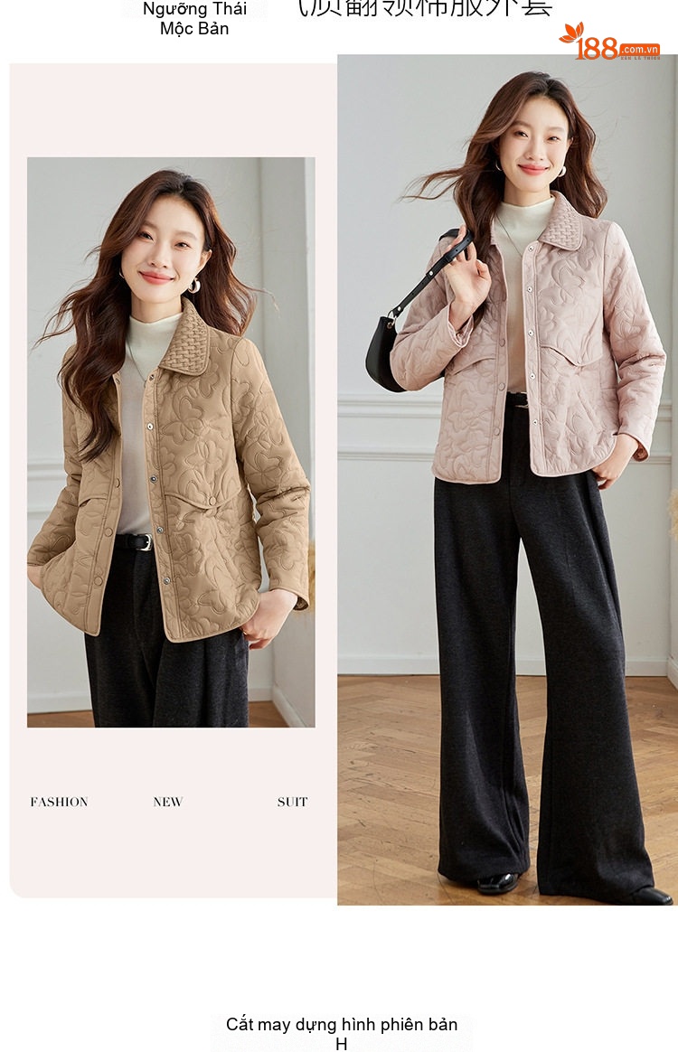 Áo Khoác Cotton Nữ Chần Bông Cổ Bẻ Dáng Ngắn Màu Be, Đen, Hồng chi tiết 6