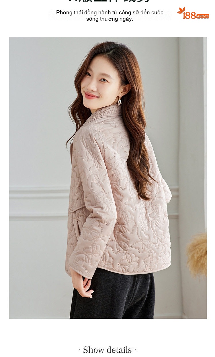 Áo Khoác Cotton Nữ Chần Bông Cổ Bẻ Dáng Ngắn Màu Be, Đen, Hồng chi tiết 7