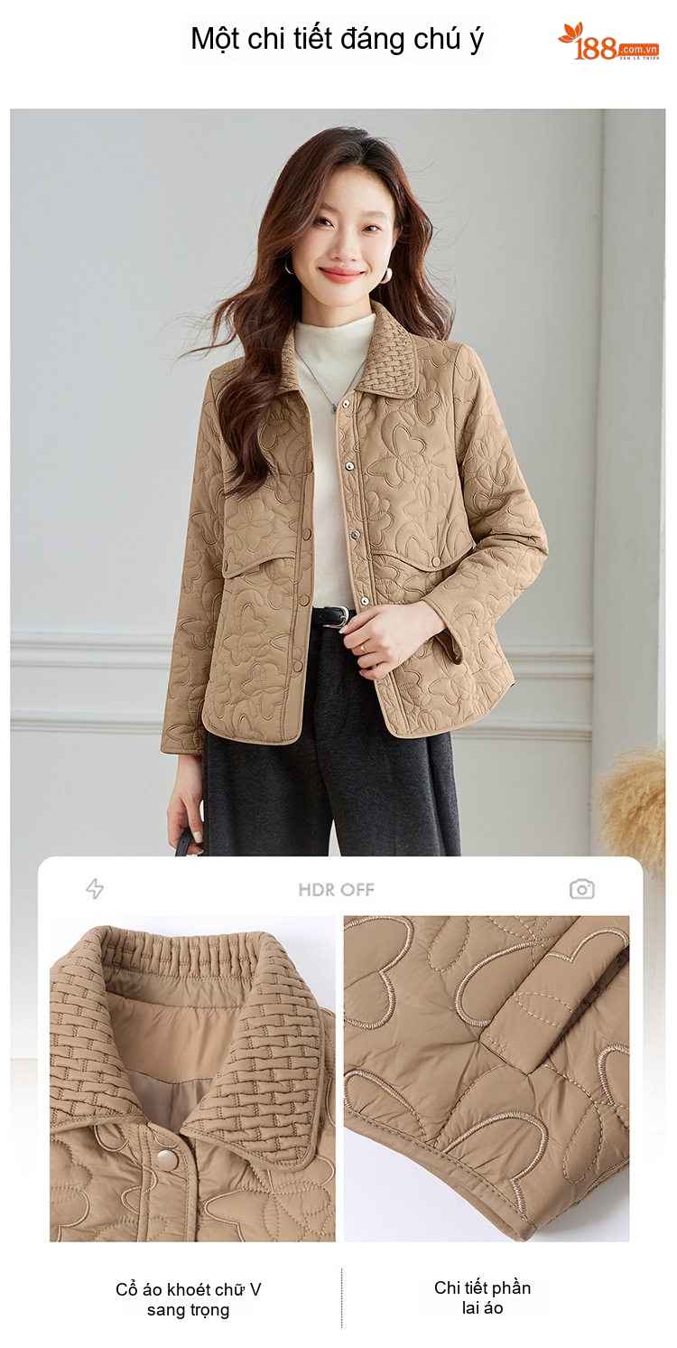 Áo Khoác Cotton Nữ Chần Bông Cổ Bẻ Dáng Ngắn Màu Be, Đen, Hồng chi tiết 8