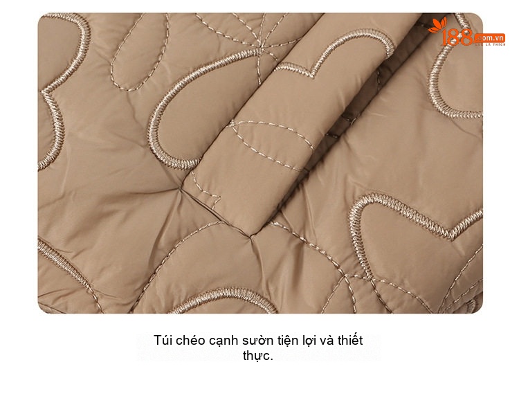 Áo Khoác Cotton Nữ Chần Bông Cổ Bẻ Dáng Ngắn Màu Be, Đen, Hồng chi tiết 9