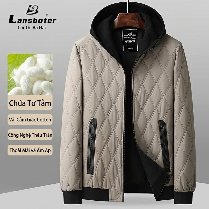 Áo Khoác Cotton Tơ Tằm Chần Bông Có Mũ Trùm Đầu Phong Cách Casual Màu Be, Đen